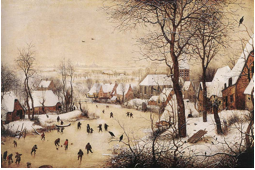 BRUEGEL, Pieter the Elder
(b. ca. 1525, Breughel, d. 1569, Bruxelles)

Winter Landscape with Skaters and Bird Trap
1565
Oil on panel, 37 x 55,5 cm
MusÈes Royaux des Beaux-Arts, Brussels

Bathed in a gentle, suffused light, softened by the snow, a Brabant 